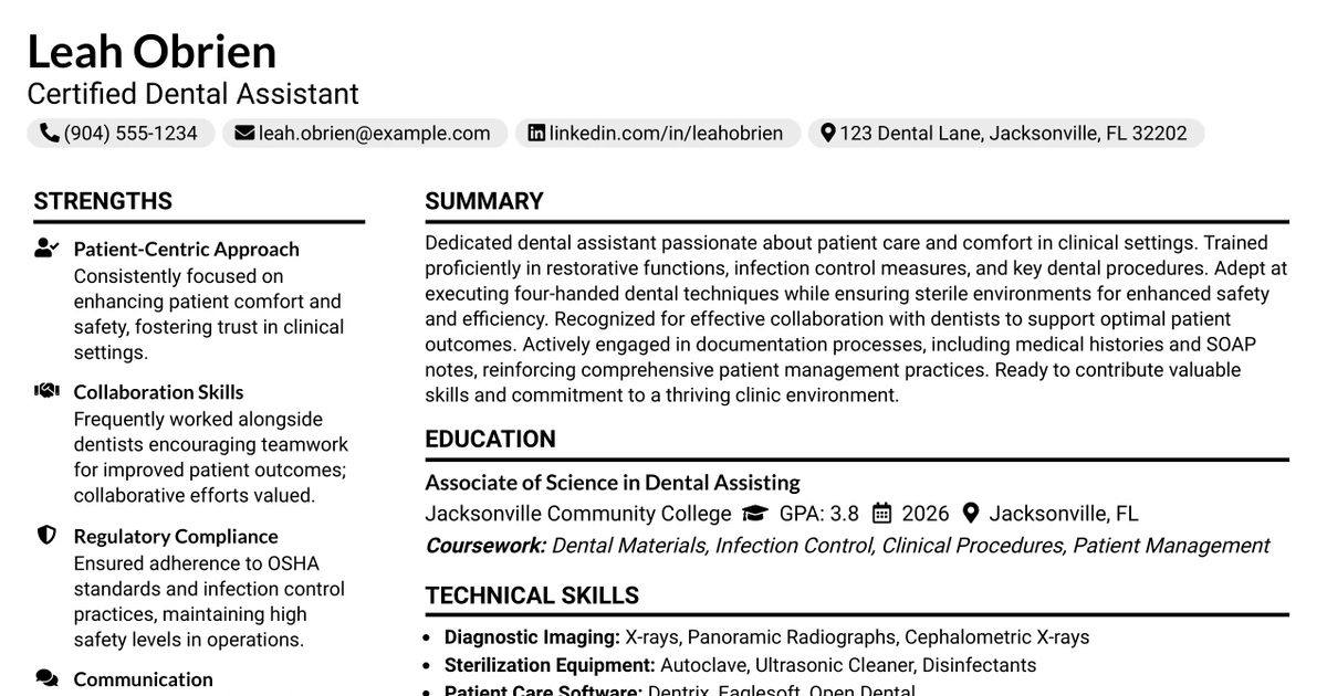 33 Certified Dental Assistant Resume Templates with Example 2026 (ATS-Optimized)