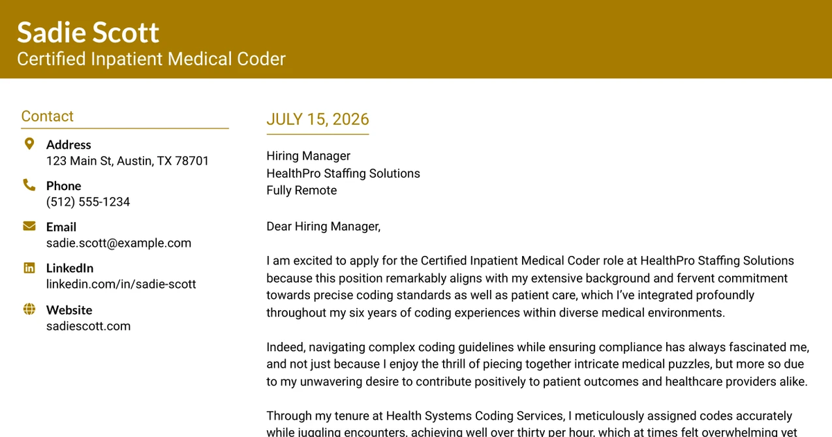 30+ CERTIFIED INPATIENT MEDICAL CODER Cover Letter Templates with Example 2026