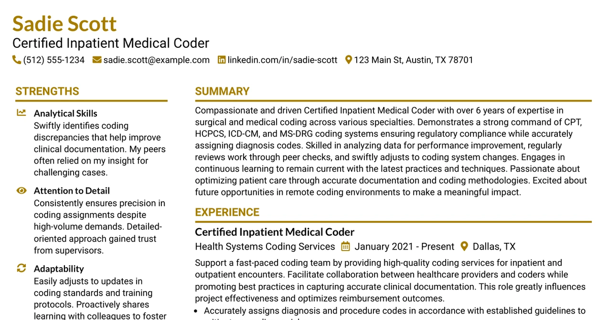 33 CERTIFIED INPATIENT MEDICAL CODER Resume Templates with Example 2026 (ATS-Optimized)