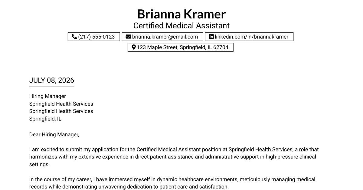 30+ Certified Medical Assistant Cover Letter Templates with Example 2026