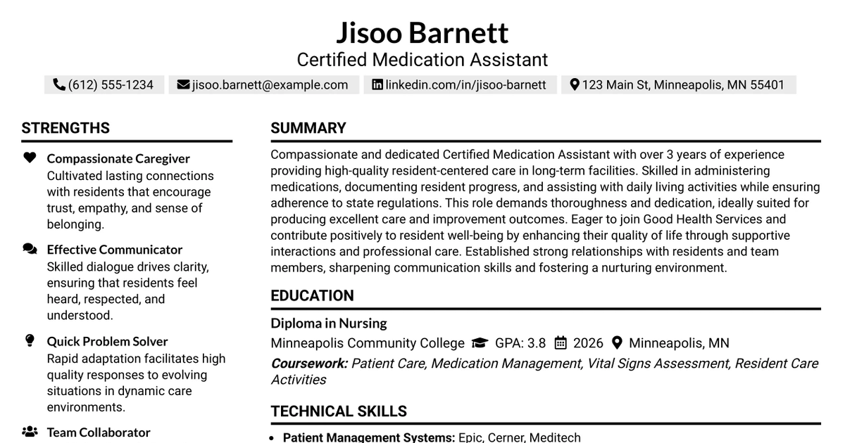 33 Certified Medication Assistant Resume Templates with Example 2026 (ATS-Optimized)
