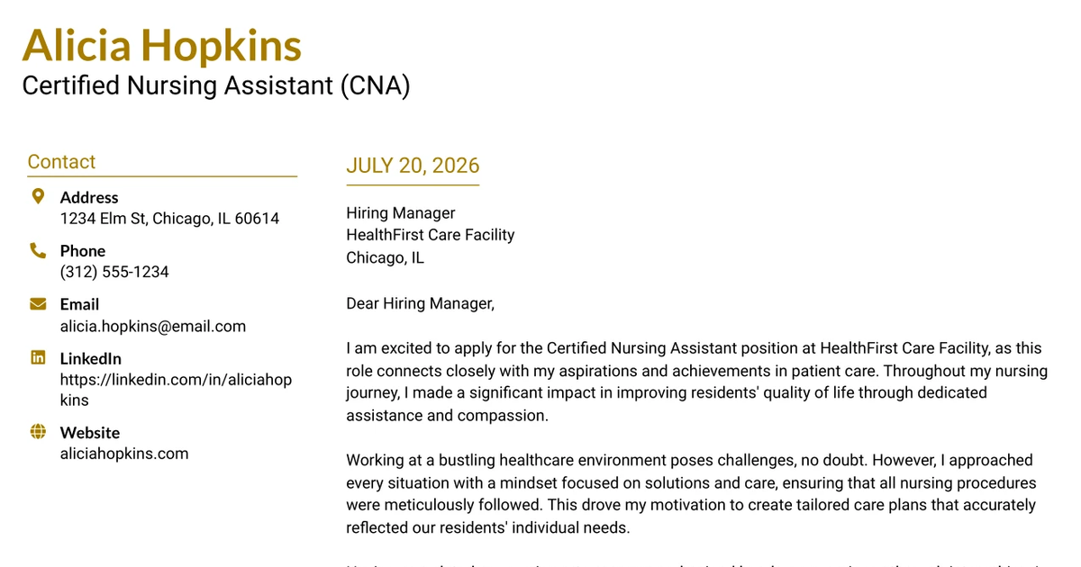30+ Certified Nursing Assistant (CNA) Cover Letter Templates with Example 2026