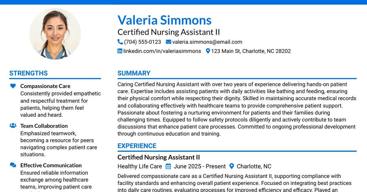 33 Certified Nursing Assistant II Resume Templates with Example 2026 (ATS-Optimized)