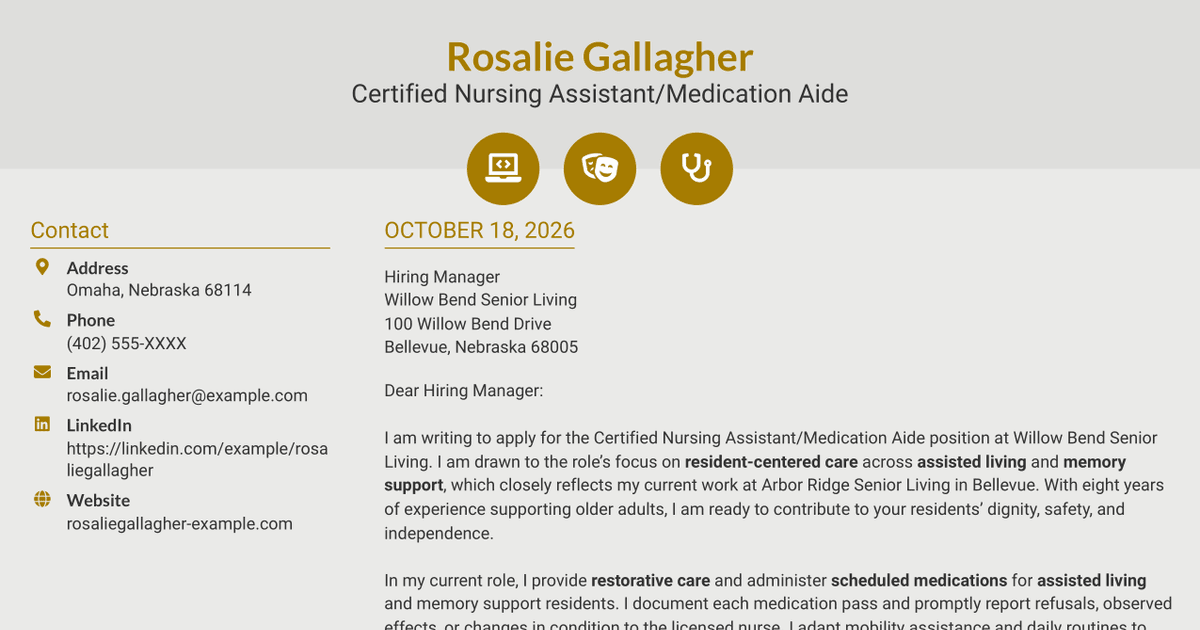 7 Certified Nursing Assistant/Medication Aide - Assisted Living and Memory Support Cover Letter Templates with Example
