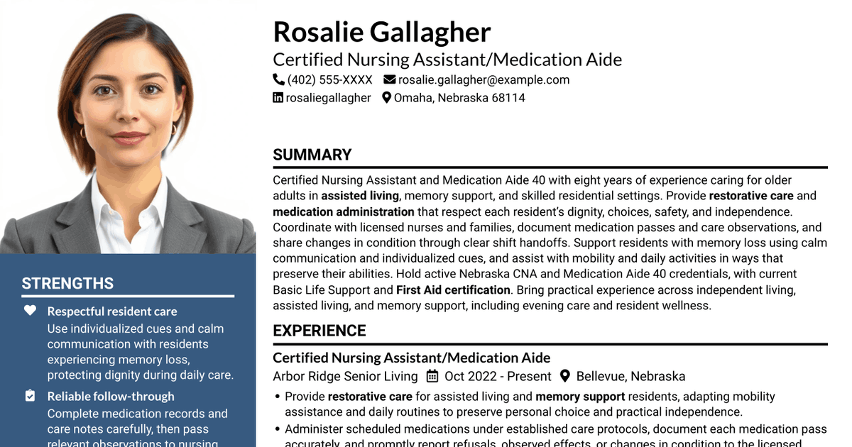 7 Certified Nursing Assistant/Medication Aide - Assisted Living and Memory Support Resume Templates with Example
