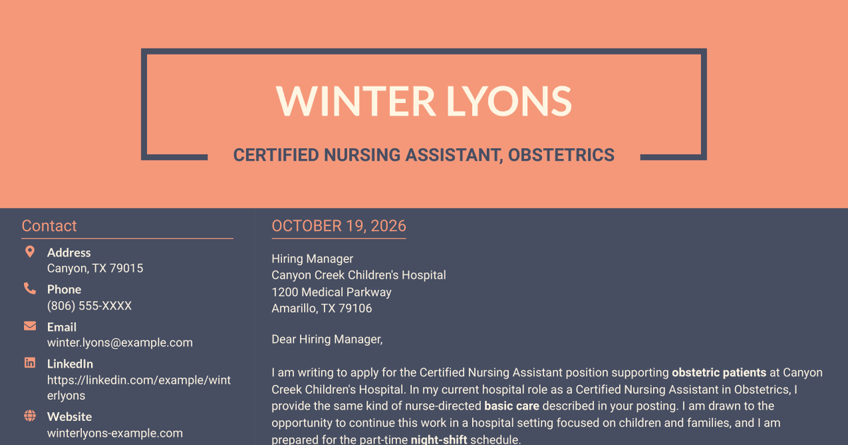7 Certified Nursing Assistant - Obstetrics Cover Letter Templates with Example
