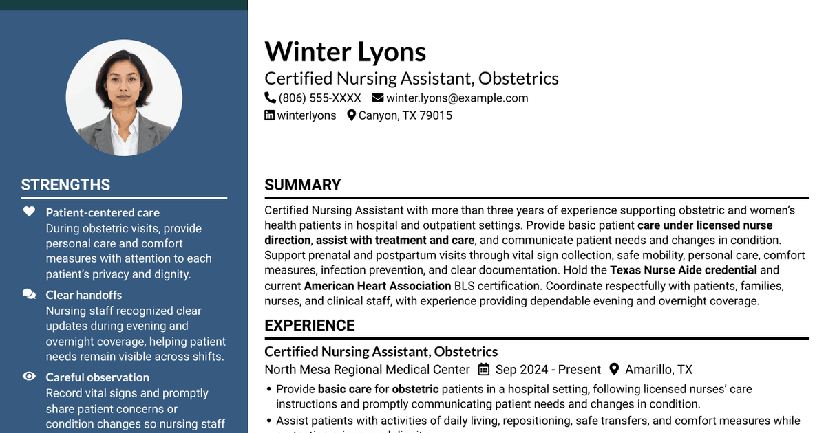 7 Certified Nursing Assistant - Obstetrics Resume Templates with Example