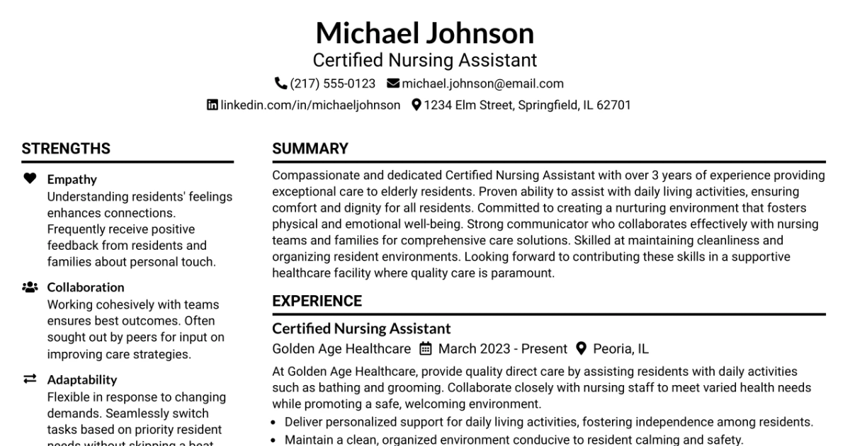33 Certified Nursing Assistant Resume Templates with Example 2026 (ATS-Optimized)