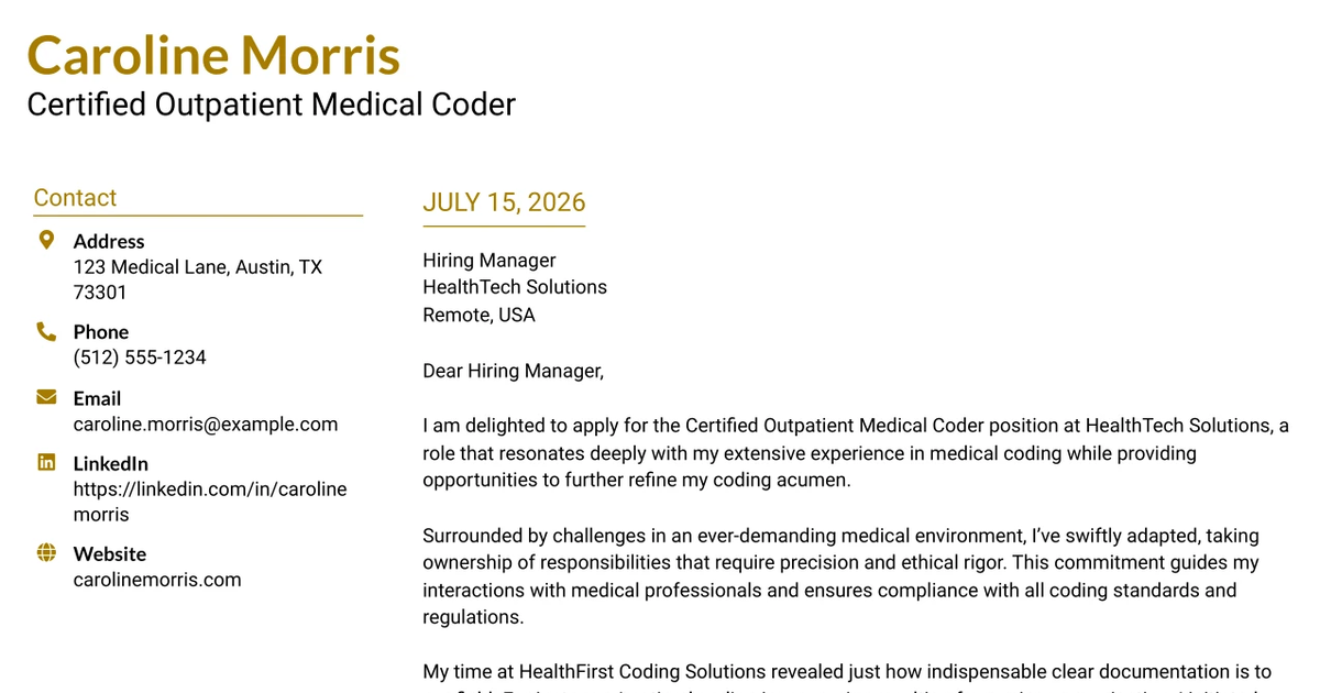 30+ Certified Outpatient Medical Coder Cover Letter Templates with Example 2026