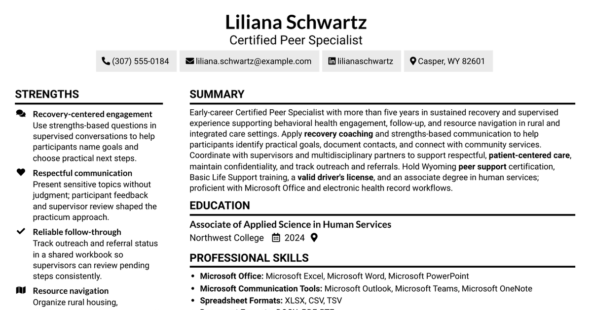 7 Certified Peer Specialist - Behavioral Health Recovery Support Resume Templates with Example