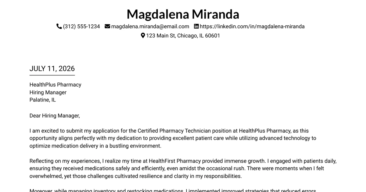 30+ Certified Pharmacy Technician Cover Letter Templates with Example 2026