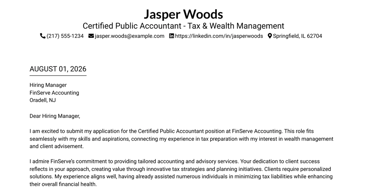 30+ Certified Public Accountant - Tax & Wealth Management Cover Letter Templates with Example 2026