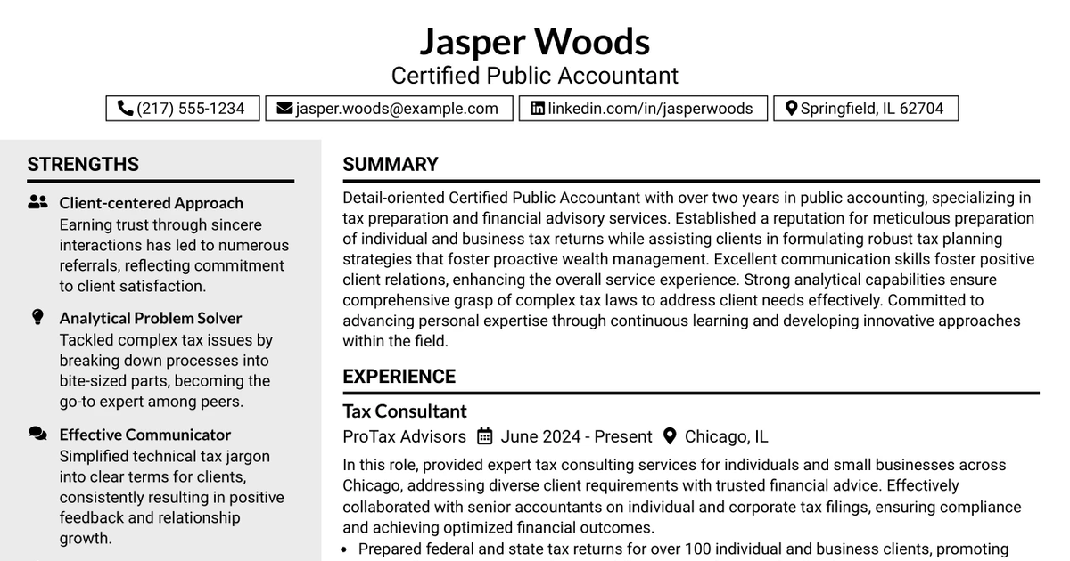 33 Certified Public Accountant - Tax & Wealth Management Resume Templates with Example 2026