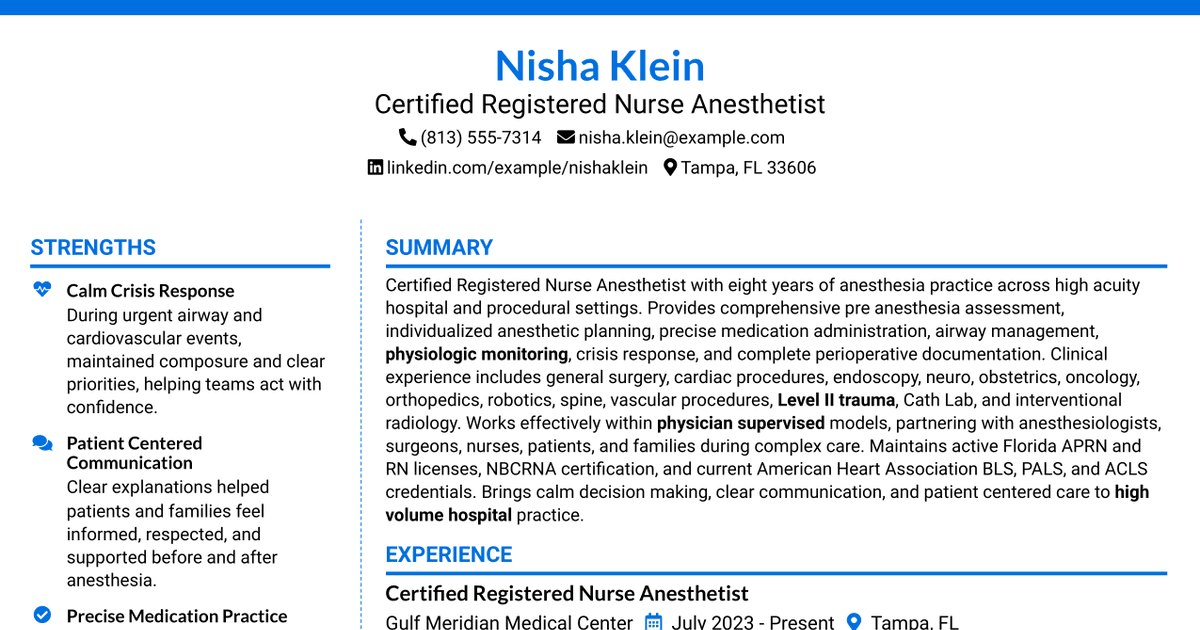 7 Certified Registered Nurse Anesthetist Resume Templates with Example