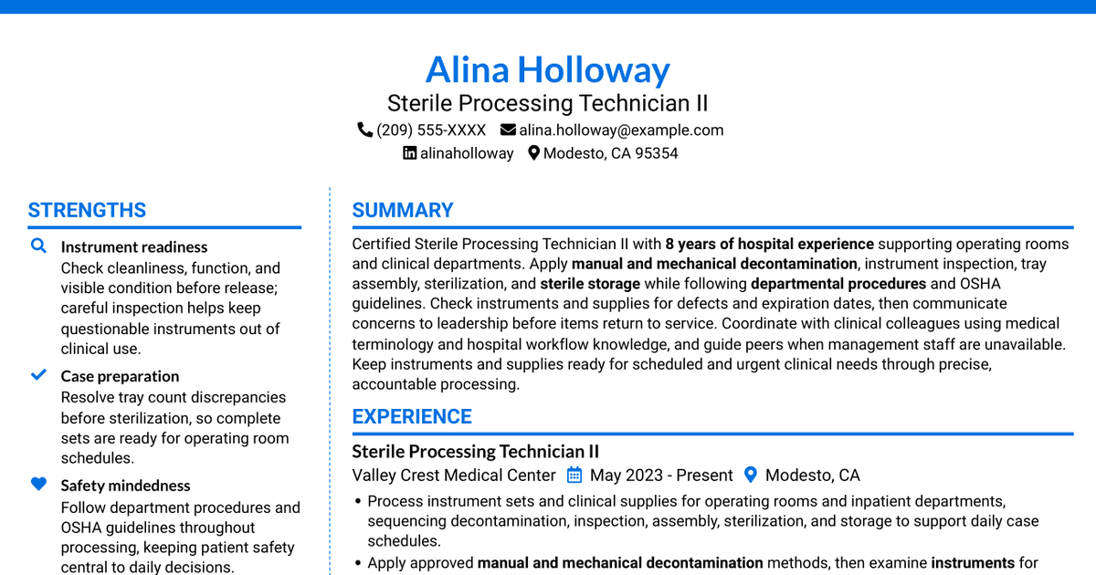 7 Certified Sterile Processing Technician II - Surgical Instrument Reprocessing Resume Templates with Example