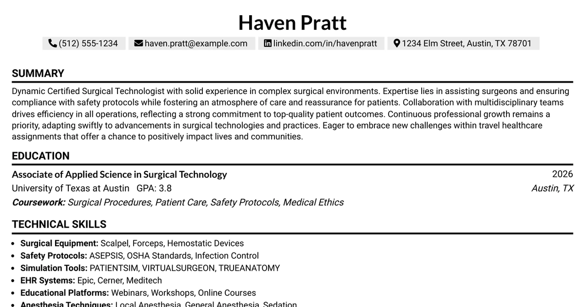 33 Certified Surgical Technologist Resume Templates with Example 2026 (ATS-Optimized)