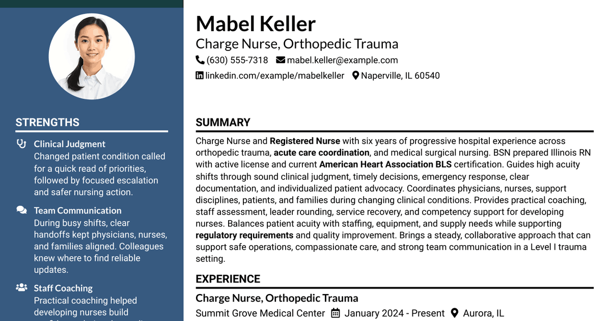 7 Charge Nurse (RN) - Ortho Trauma Resume Templates with Example
