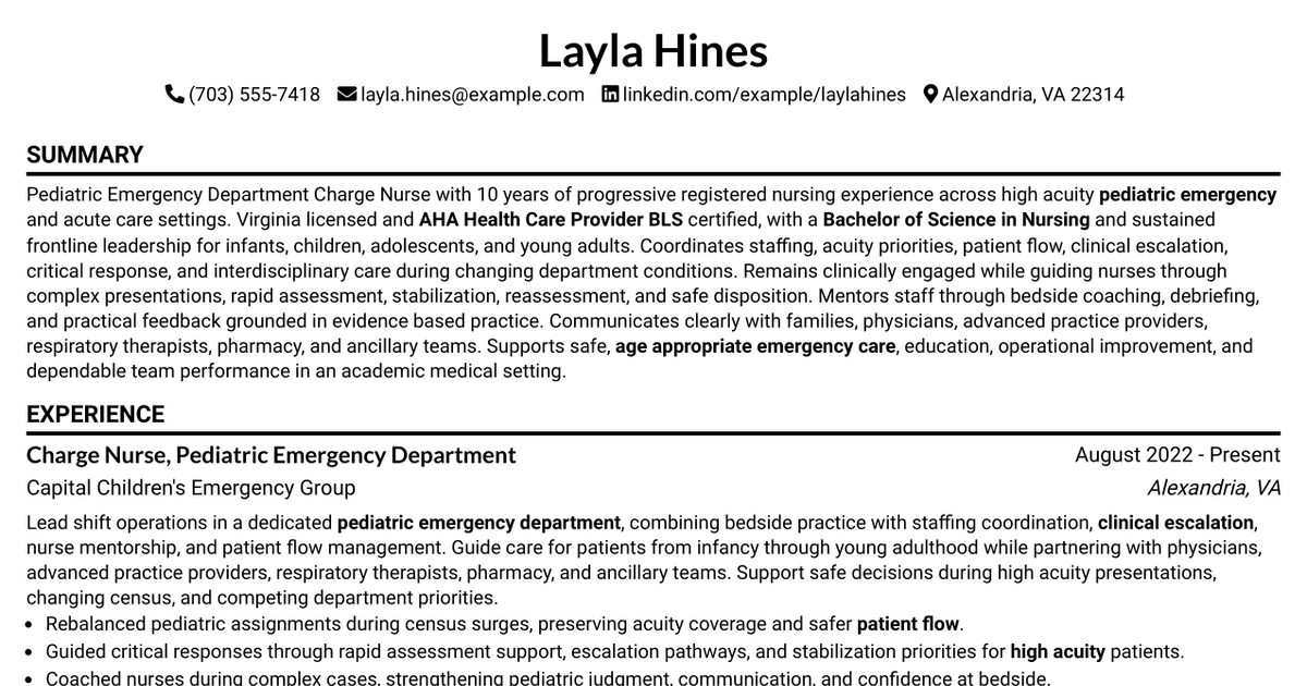 7 Charge Nurse (RN) - Pediatric Emergency Department Resume Templates with Example