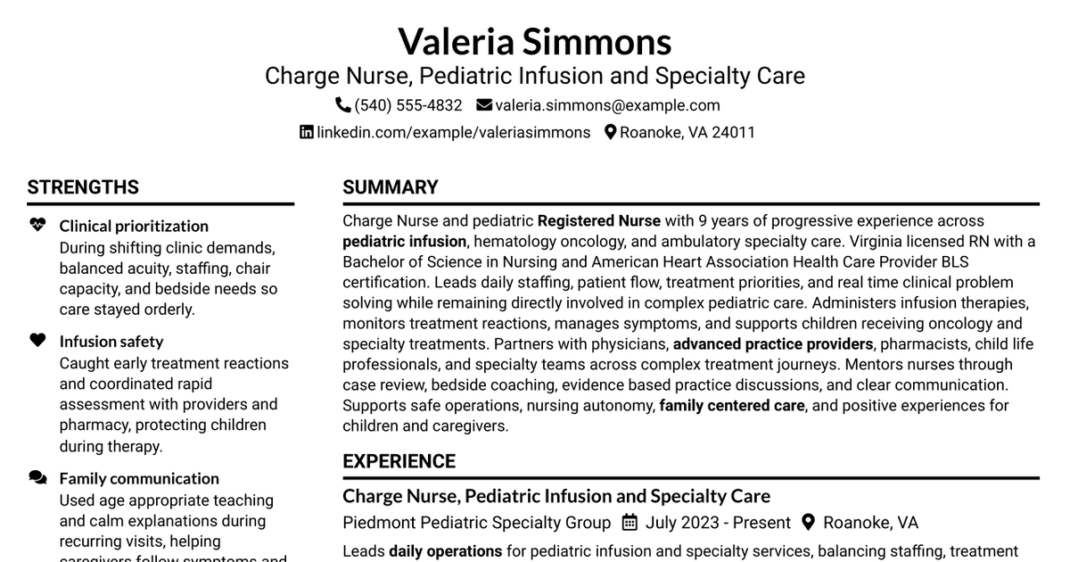 7 Charge Nurse (RN) - Pediatric Infusion and Specialty Clinics Resume Templates with Example
