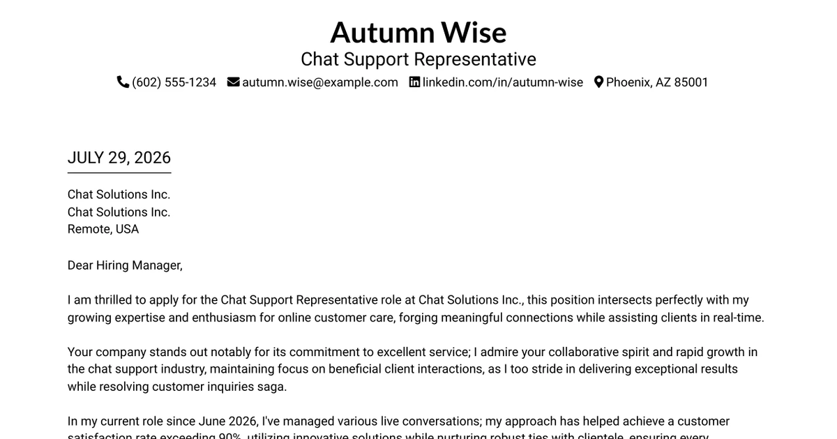 30+ Chat Support Representative Cover Letter Templates with Example 2026