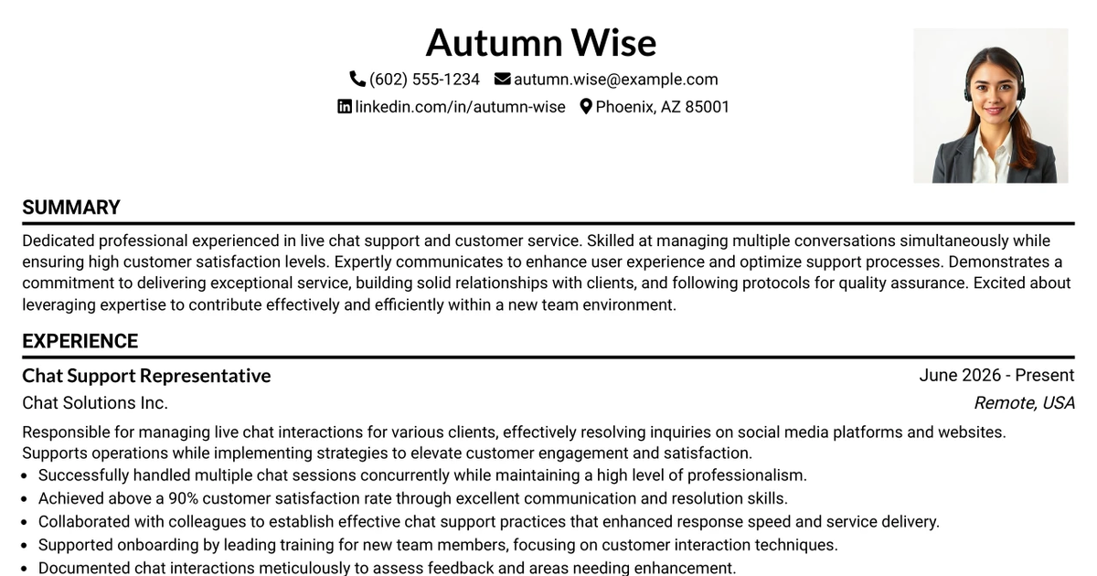 33 Chat Support Representative Resume Templates with Example 2026 (ATS-Optimized)