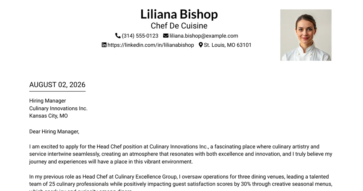 30+ Chef De Cuisine Cover Letter Templates with Example 2026