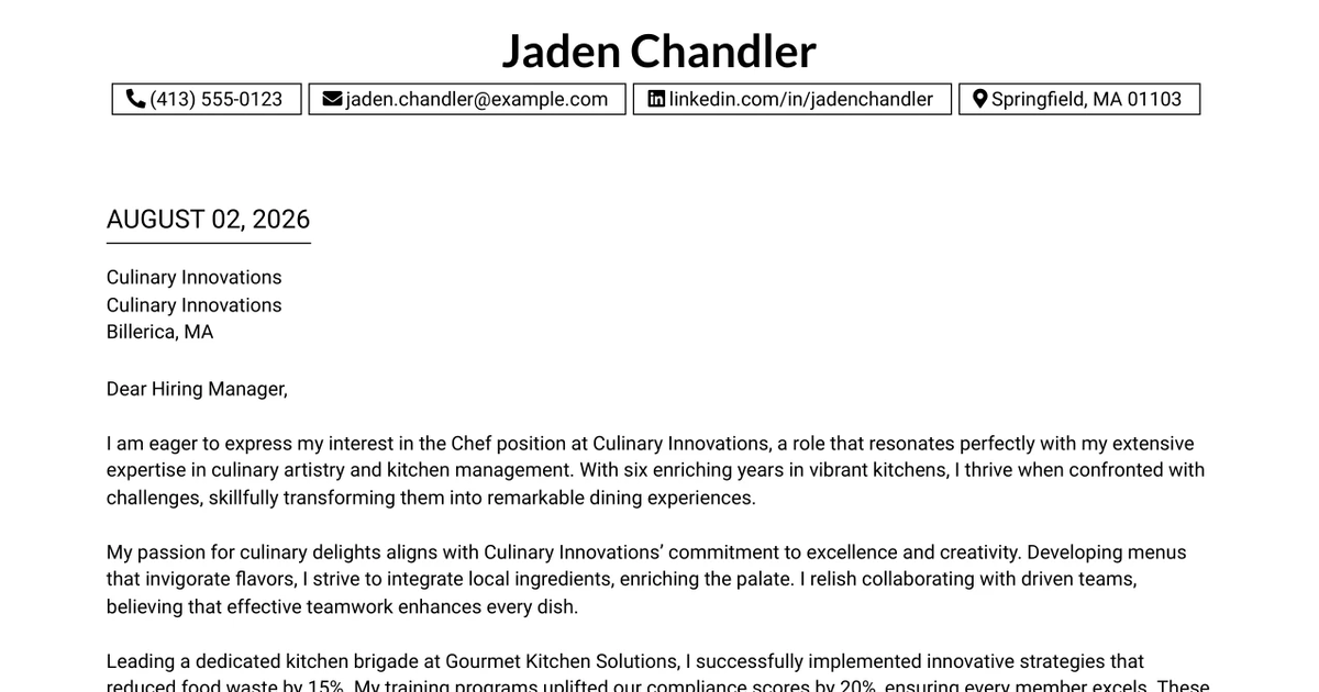 30+ Chef (Full-Time) Cover Letter Templates with Example 2026