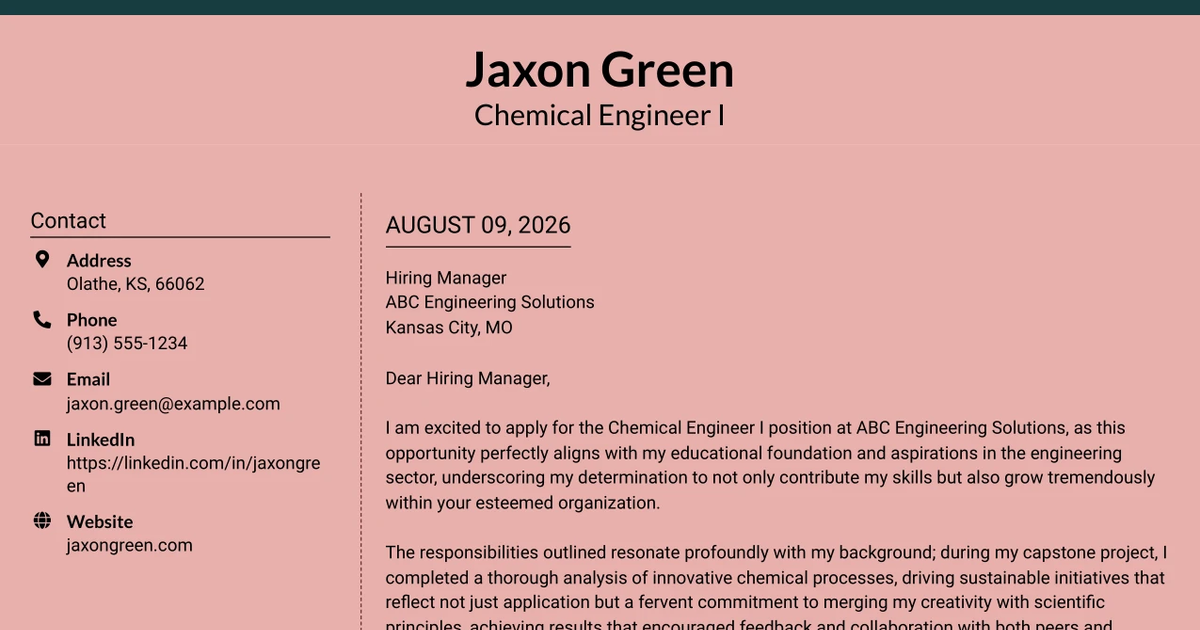 30+ Chemical Engineer I Cover Letter Templates with Example 2026
