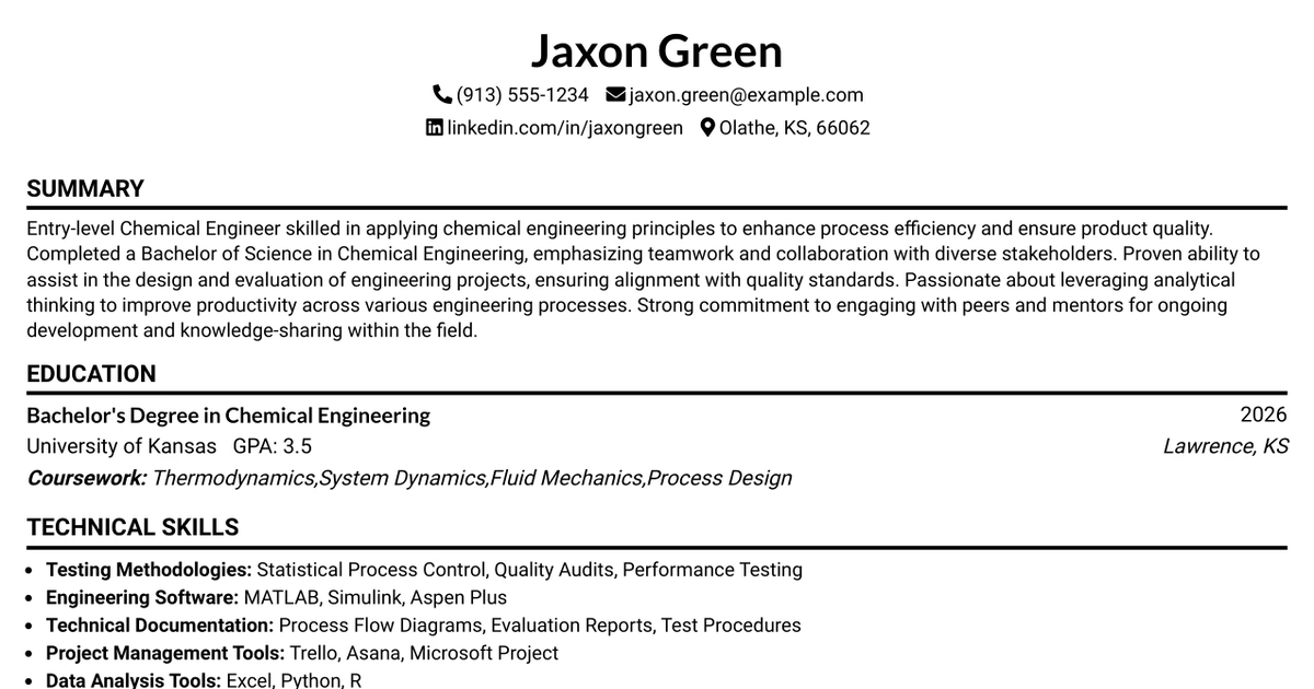 33 Chemical Engineer I Resume Templates with Example 2026 (ATS-Optimized)