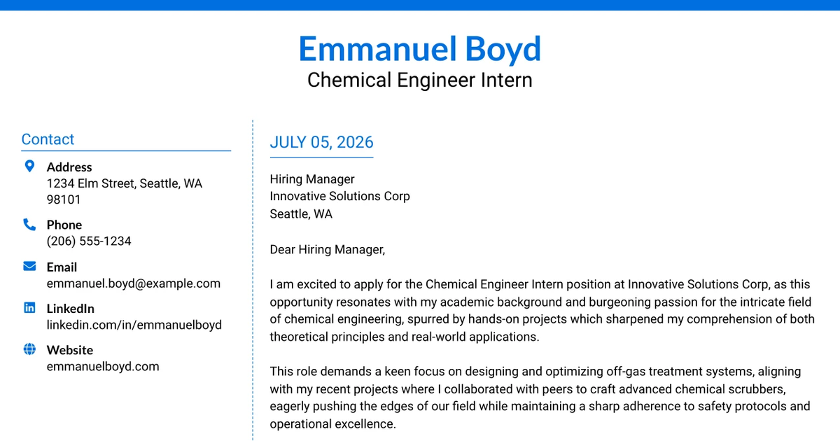 30+ Chemical Engineer Intern Cover Letter Templates with Example 2026