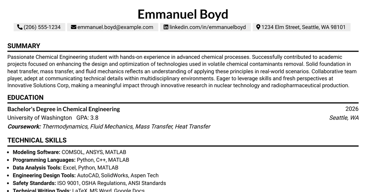 33 Chemical Engineer Intern Resume Templates with Example 2026 (ATS-Optimized)