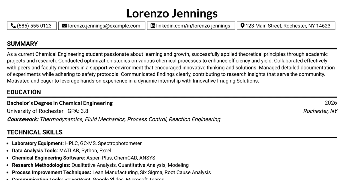 33 Chemical Engineering Co-op Resume Templates with Example 2026 (ATS-Optimized)