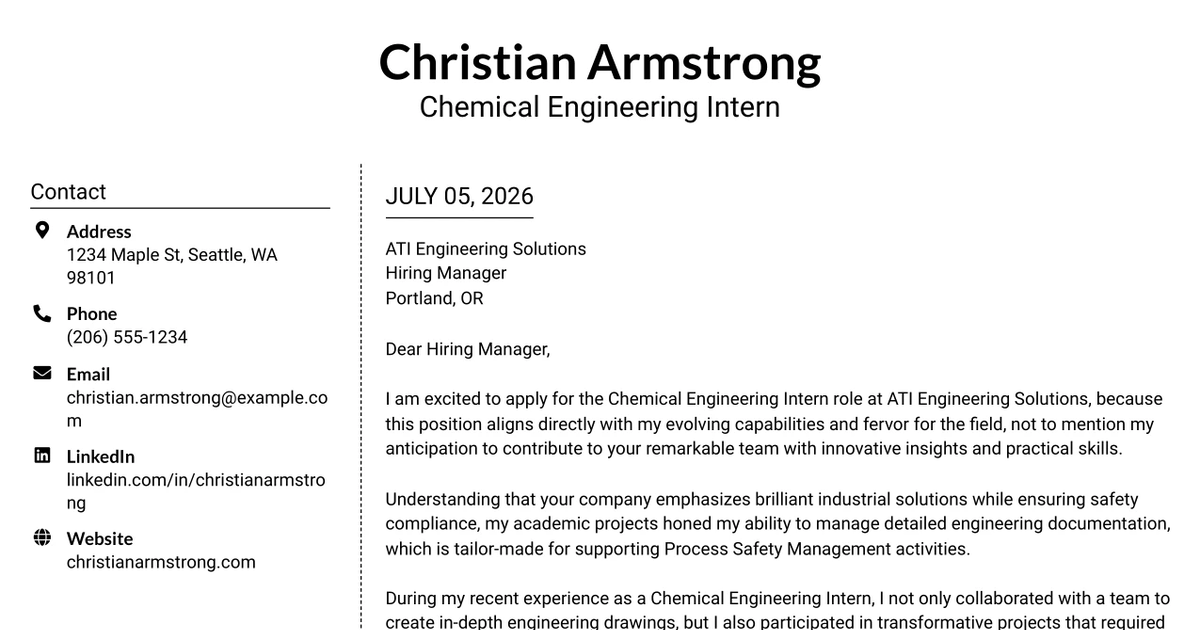 30+ Chemical Engineering Intern Cover Letter Templates with Example 2026