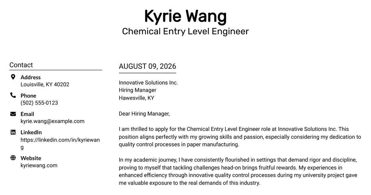 30+ Chemical Entry Level Engineer Cover Letter Templates with Example 2026