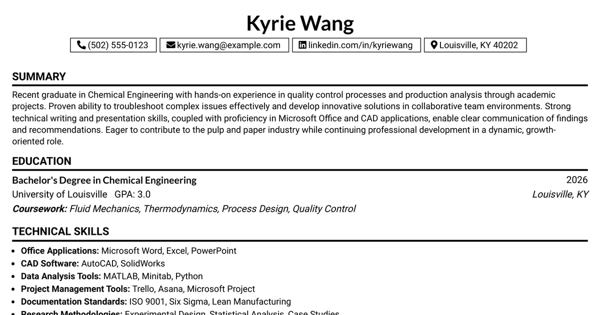 33 Chemical Entry Level Engineer Resume Templates with Example 2026 (ATS-Optimized)