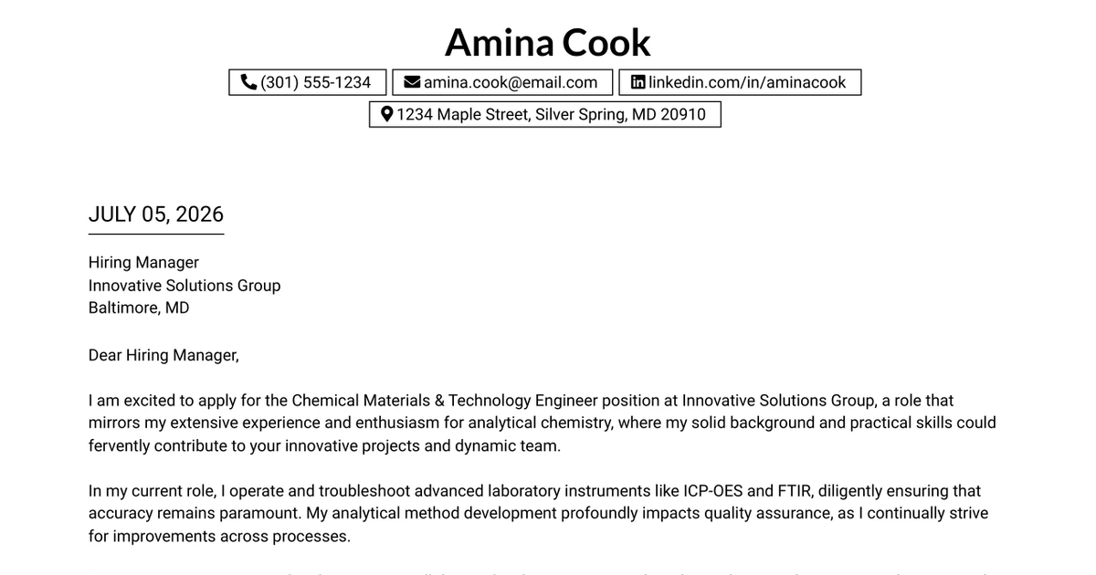 30+ Chemical Materials & Technology Engineer Cover Letter Templates with Example 2026
