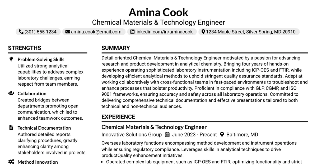 33 Chemical Materials & Technology Engineer Resume Templates with Example 2026 (ATS-Optimized)