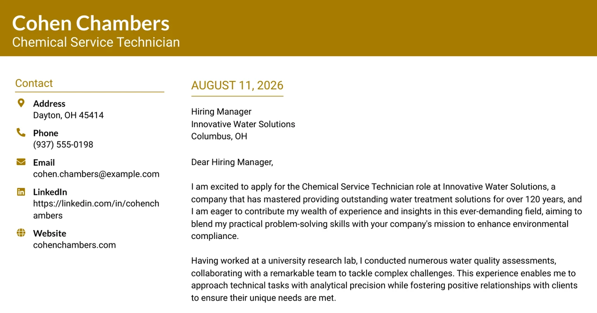 30+ Chemical Service Technician at Data Centers Cover Letter Templates with Example 2026