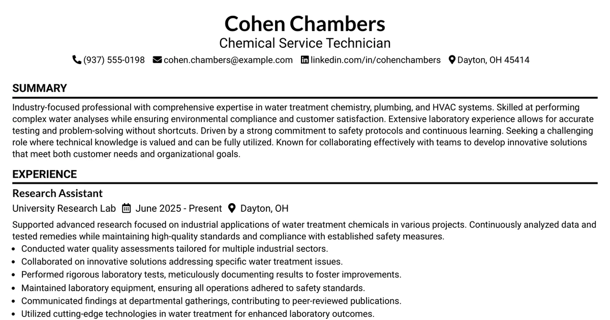 33 Chemical Service Technician at Data Centers Resume Templates with Example 2026 (ATS-Optimized)