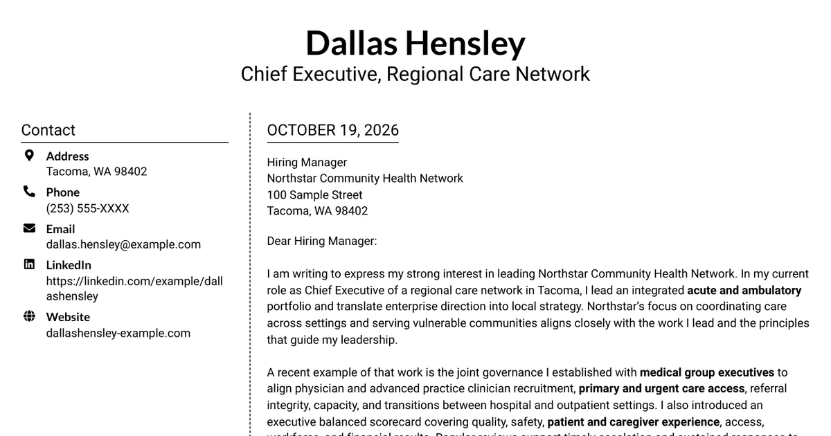 7 Chief Executive - Integrated Care Network Cover Letter Templates with Example