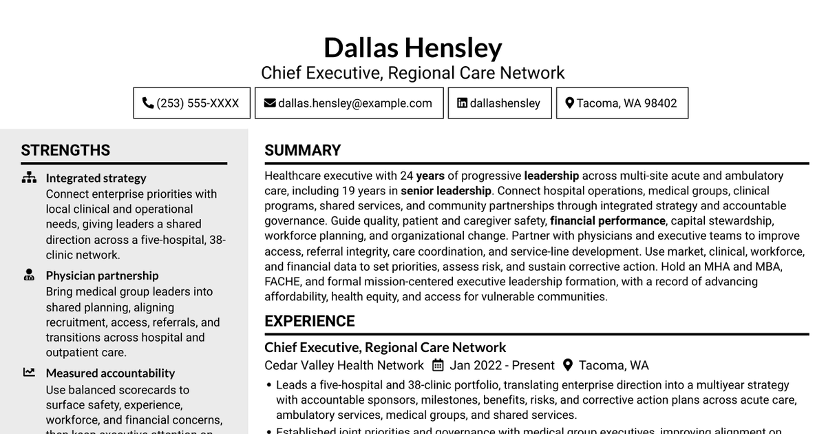 7 Chief Executive - Integrated Care Network Resume Templates with Example