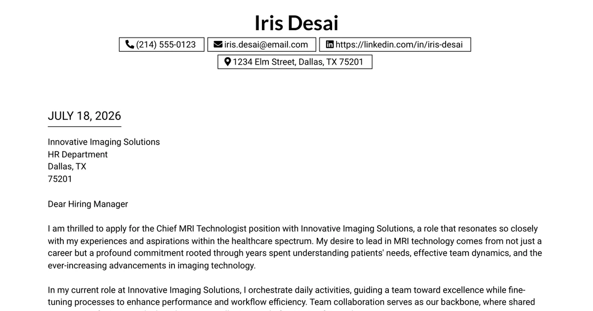 30+ Chief MRI Technologist Cover Letter Templates with Example 2026