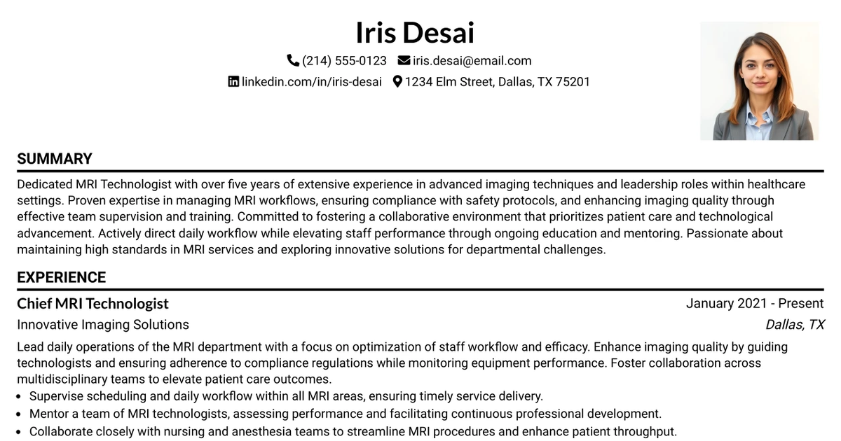 33 Chief MRI Technologist Resume Templates with Example 2026 (ATS-Optimized)