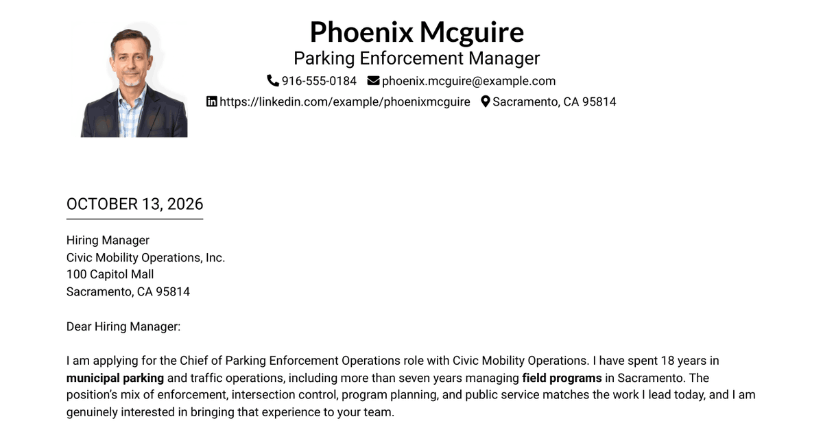 7 Chief of Parking Enforcement Operations Cover Letter Templates with Example