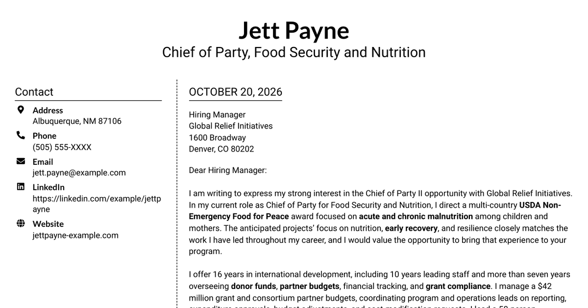 7 Chief of Party II - Food Security and Nutrition Cover Letter Templates with Example