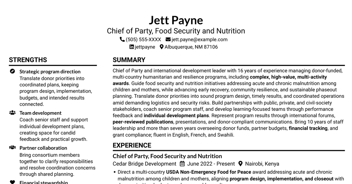 7 Chief of Party II - Food Security and Nutrition Resume Templates with Example