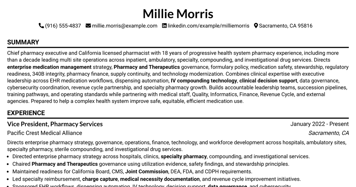 7 Chief Pharmacy Officer - Enterprise Medication Management Resume Templates with Example