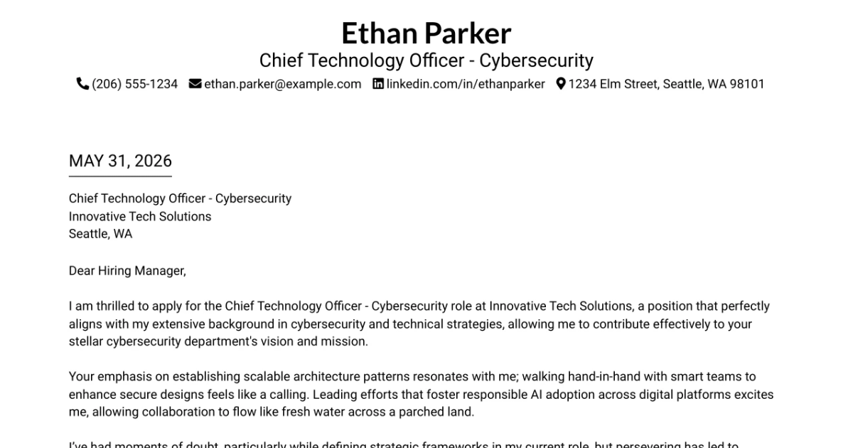 30+ Chief Technology Officer - Cybersecurity Cover Letter Templates with Example 2026