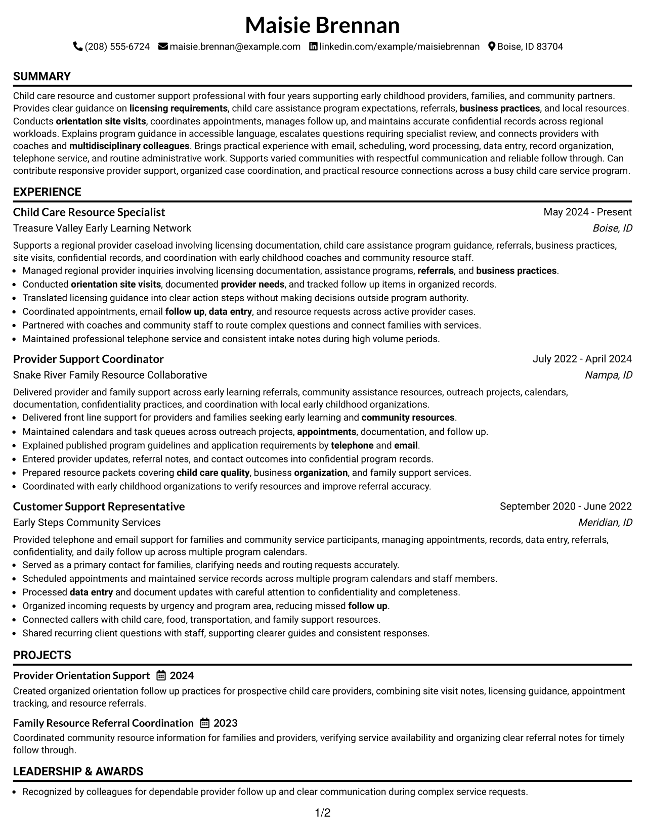 Resume Example Page 1