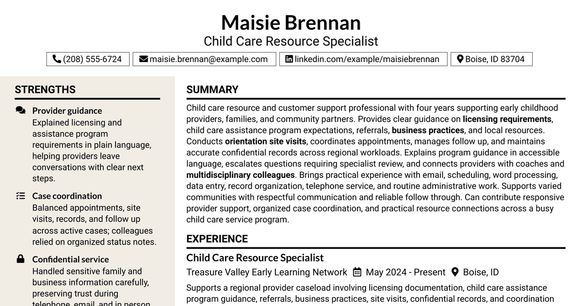 7 Child Care Resource Specialist Resume Templates with Example